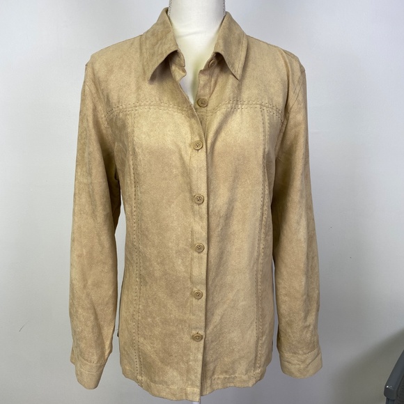 Croft & Barrow Tan Faux Suede Long Sleeve Button Down Collared Shirt - Picture 1 of 16